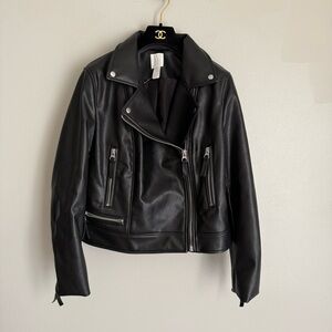 H&M women’s oversized biker moto faux leather jacket black size medium